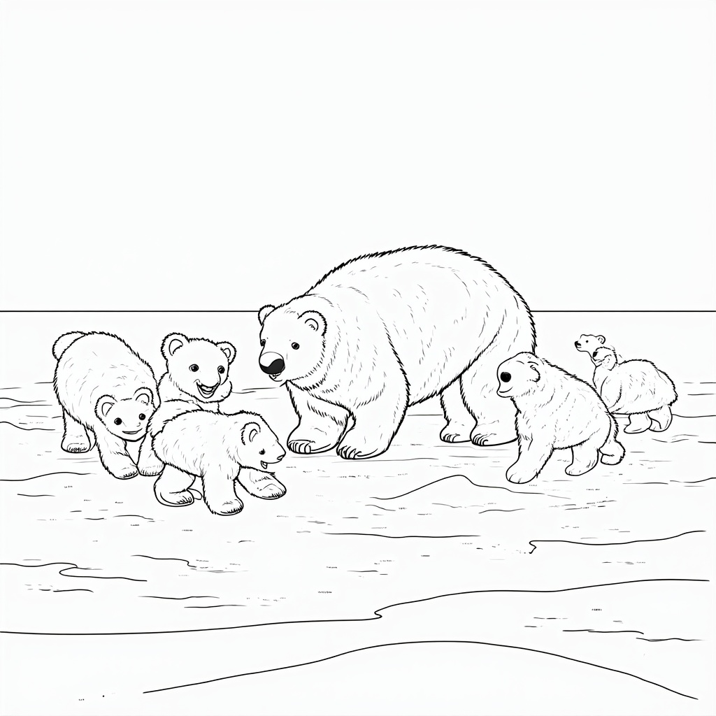 A family of polar bears frolicking in the snow, rolling and tumbling in pure joy. The cubs chase each other around their mother, their fur dusted with snow. The vast icy tundra stretches out behind them, a frozen expanse under a clear blue sky.