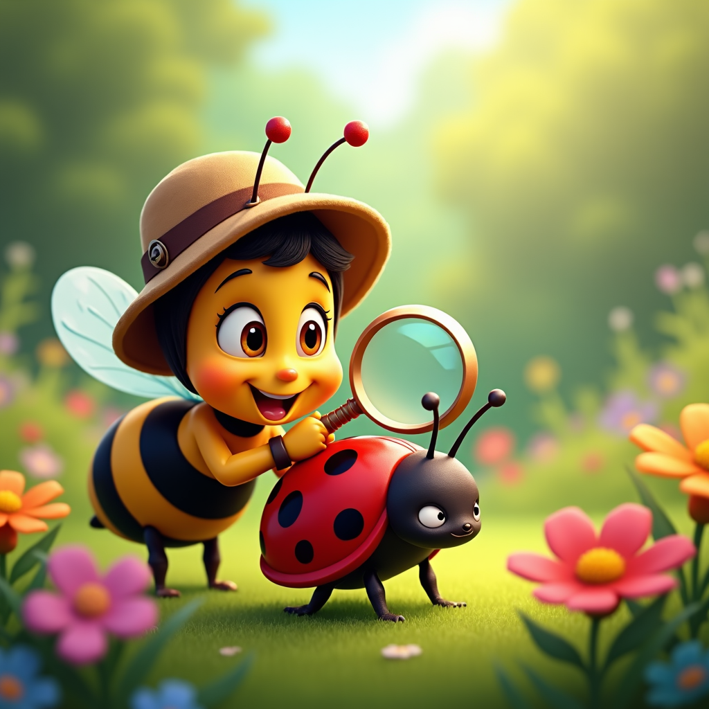 A cartoon bee wearing a tiny explorer hat, peeking over a ladybug with a magnifying glass, eyes widening in fascination.