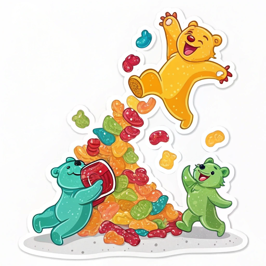 Gummy Bear Tumbler Sticker: A sticker showing a dynamic scene of colorful gummy bears 'tumbling' or 'cascading' to form a pile, conveying a sense of joyful abundance and movement. Perhaps a few 'escapees' are rolling away from the main pile.