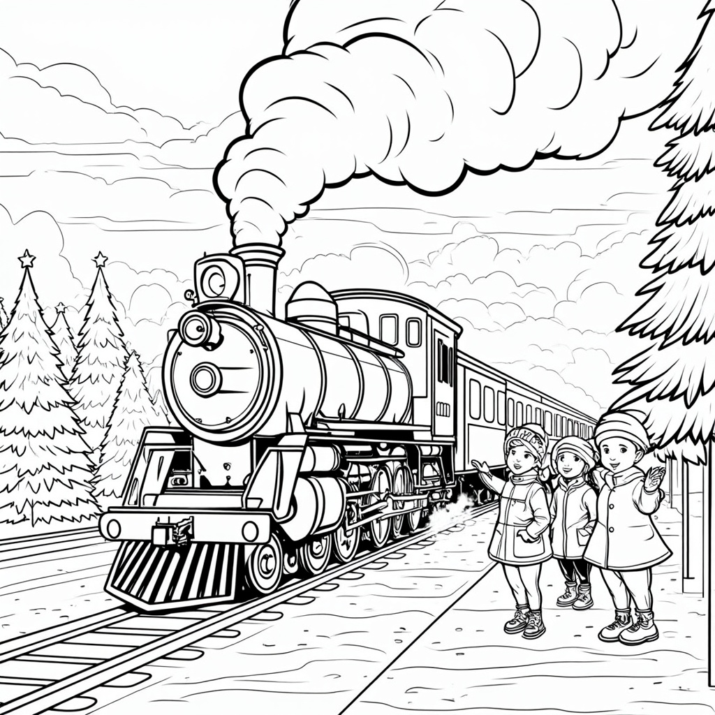 The image shows a black and white sketch of a train on a railway track with three children standing on the platform. The train is surrounded by trees and the sky is filled with clouds.