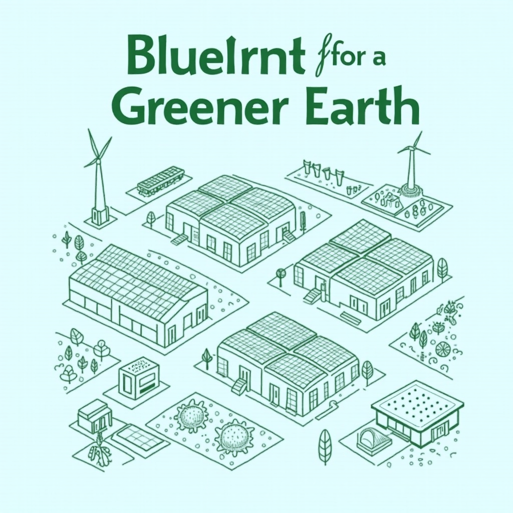 Blueprint-style T-shirt design resembling a schematic for a sustainable community, detailing mini icons for solar-paneled roofs, electric vehicle charging stations, distant wind turbines, and community gardens. A potential title: 'Blueprint for a Greener Earth'.