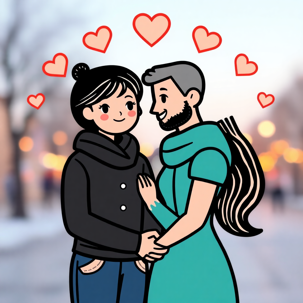 The image shows a cartoon of a man and woman standing in the snow, holding hands and surrounded by heart symbols. The background is blurred, giving the image a dreamy, romantic feel.