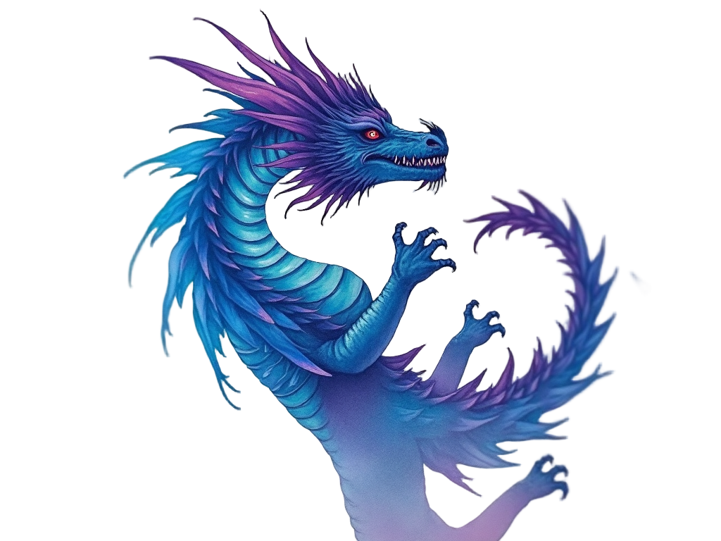 A vibrant, watercolor-style dragon tattoo stretching across a calf, with splashes of blue and purple giving the creature an ethereal, shimmering appearance.