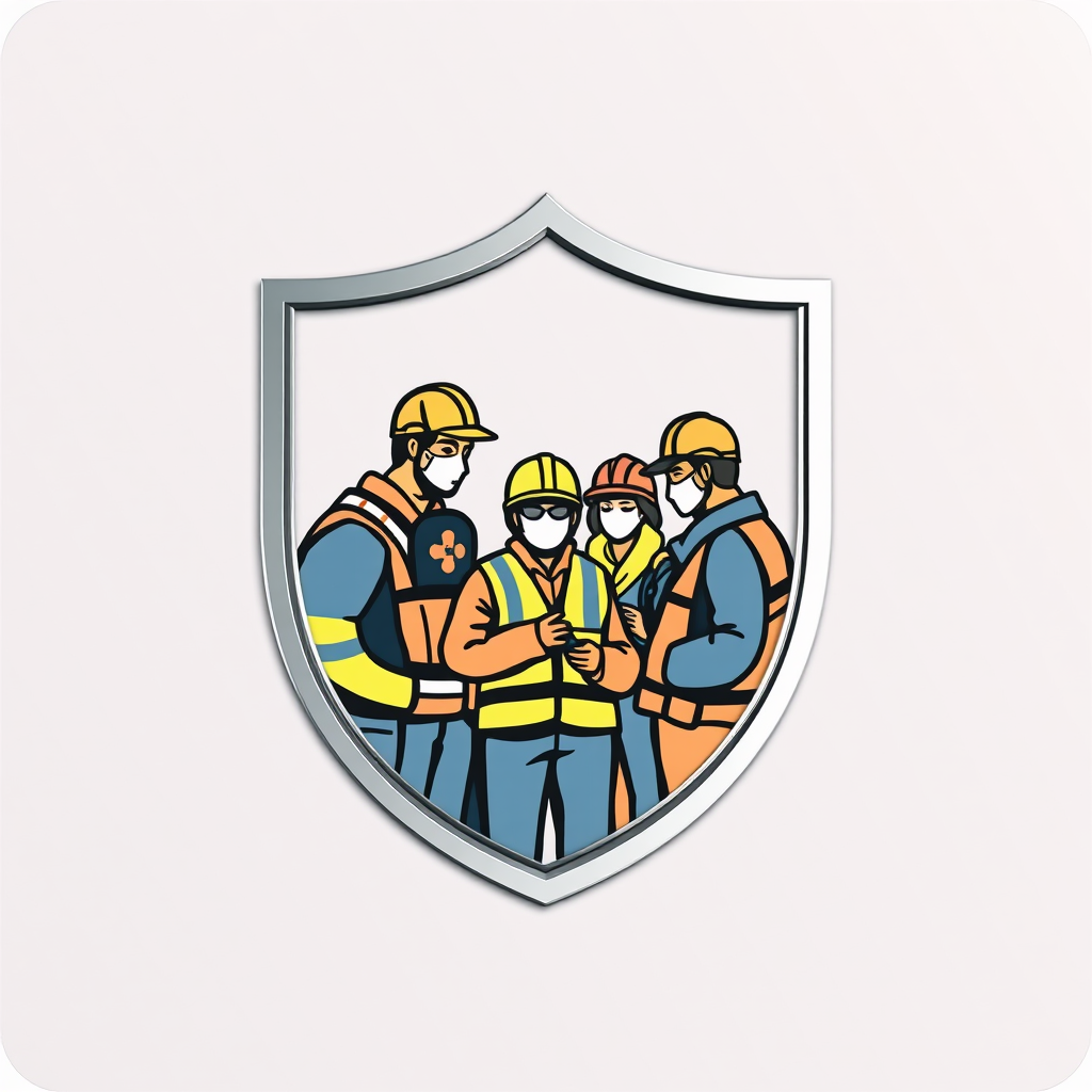 A shield outline acting as a window. Inside, depict diverse workers collaborating safely (wearing PPE) with faint latitude/longitude lines behind them. The shield border could have a metallic gradient.
