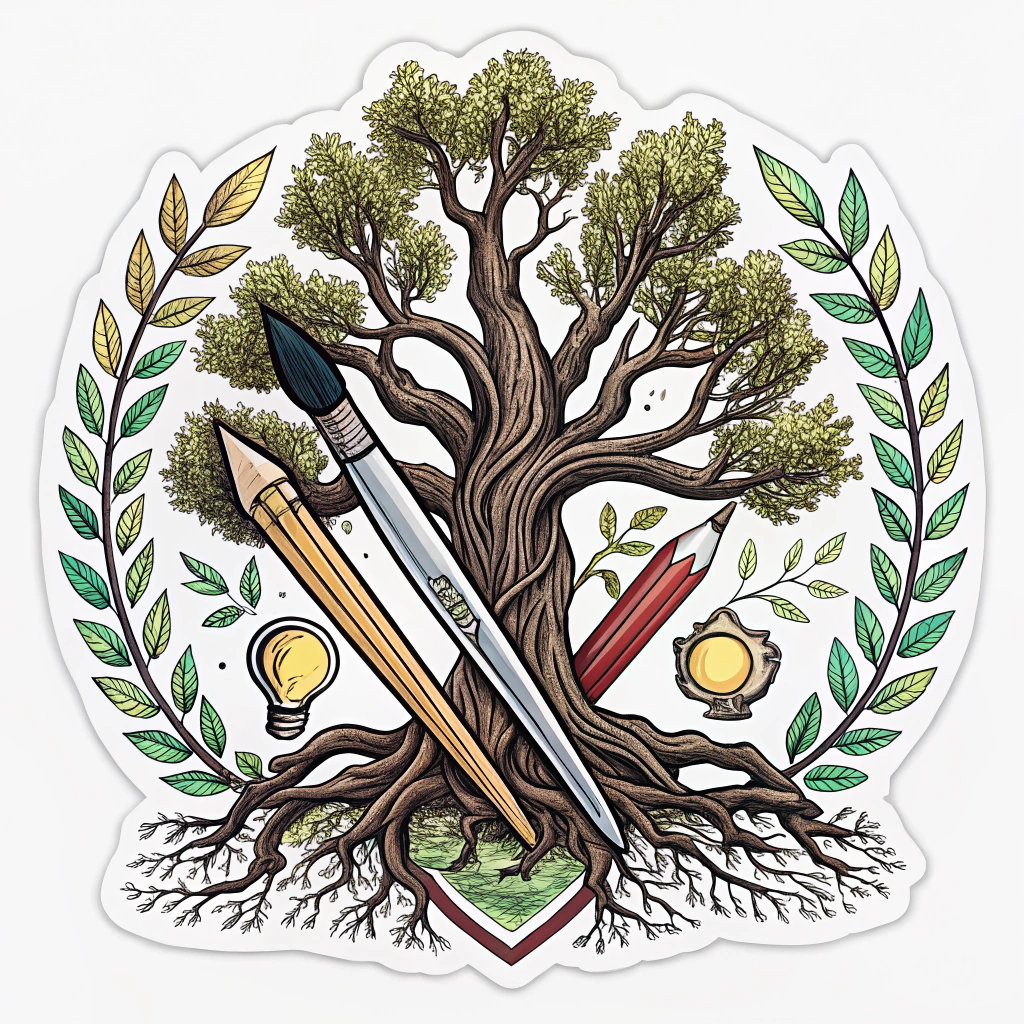 3. A badge or crest featuring a live oak intertwined with design tools (e.g., pencils, brushes), showcasing the fusion of nature and art.