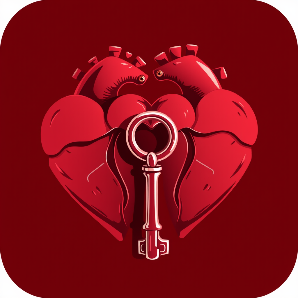 Two hearts intertwined, forming a lock, with a key opening them