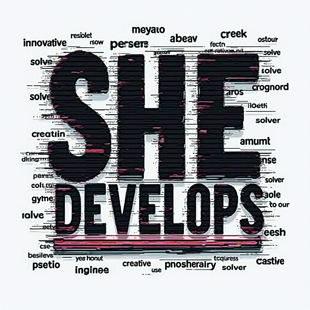 Glitch Art Role Affirmation: A T-shirt displaying a tech role title such as 'SHE DEVELOPS' or 'SYSTEM Sorceress' in a bold, blocky font that incorporates a 'glitch' art effect. Within or around the glitched text, smaller, positive attribute words like 'innovative,' 'persistent,' 'creative,' or 'solver' could be subtly embedded, celebrating the dynamic qualities required in tech.