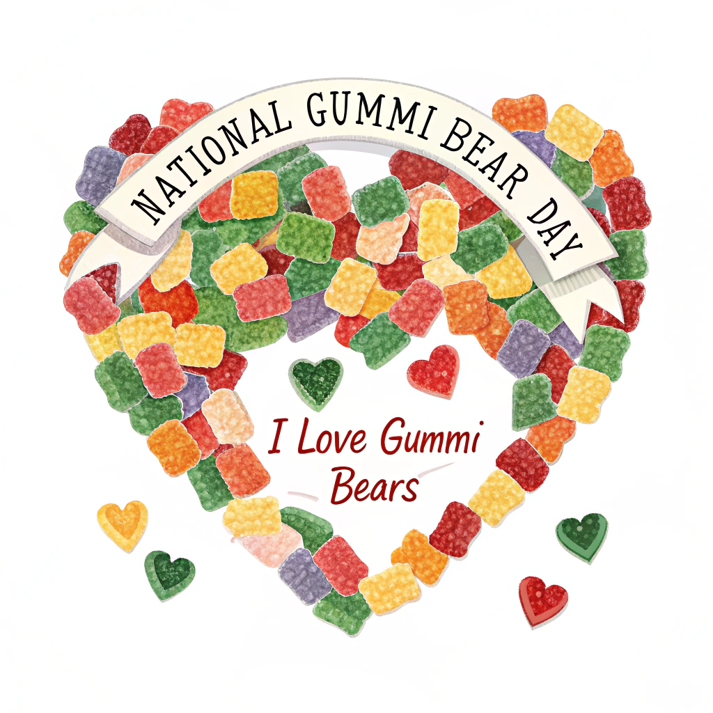 Heart of Gummis Sticker: A visually appealing heart shape (the 'National Day Heart') meticulously formed by a mosaic of many small, multi-colored gummi bears. The phrase 'I Love Gummi Bears' is integrated stylishly within or below this gummi heart, and 'National Gummi Bear Day' acts as a title or banner for the sticker.