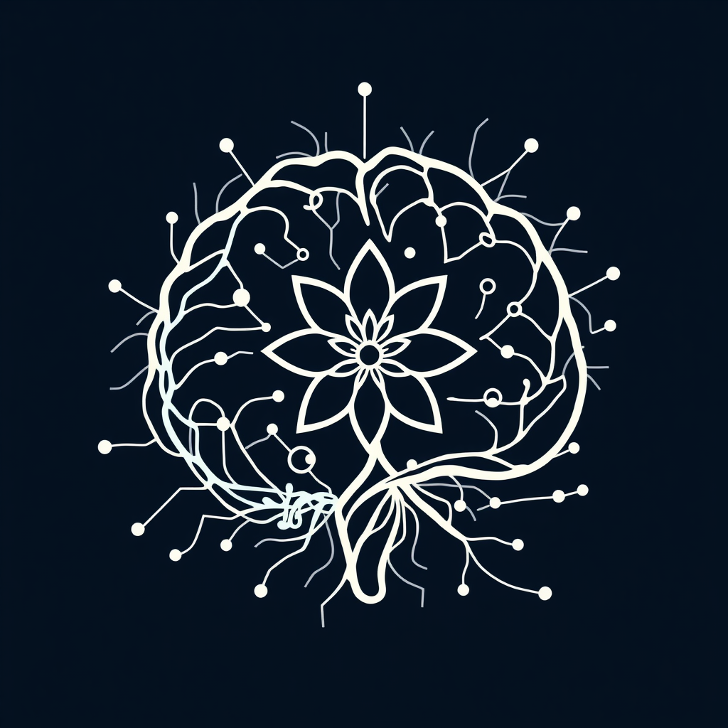 Digital Flora Weave: An icon where abstract lines representing electronic neural pathways and organic floral vines are interwoven into a cohesive, intricate pattern. This pattern could subtly suggest the outline of a brain containing a blooming flower, or a flower made of interconnected nodes.