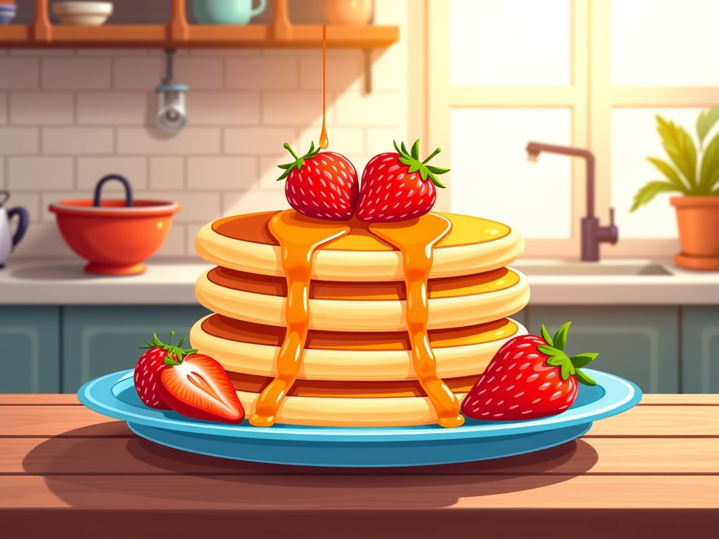  a stack of pancakes on a blue plate in a kitchen. The pancakes are golden brown and appear to be freshly made. On top of the stack, there are three fresh strawberries with green leaves. A drizzle of syrup is dripping down the sides of the pancakes. The kitchen has a wooden countertop and a window in the background. There are also some kitchen utensils and a potted plant on the countertop. The overall color scheme of the image is warm and inviting.