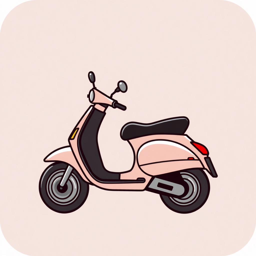 The image is a digital illustration of a pink scooter. The scooter has a black seat and handlebars, and two round mirrors on the front. The body of the scooter is a light pink color, and the wheels are black with silver rims. The background is a soft peach color. The overall style of the illustration is simple and minimalistic.