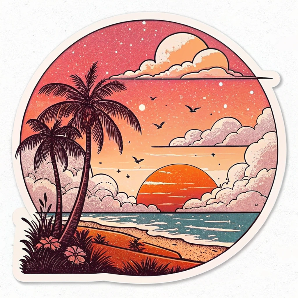 The image is a circular sticker with a colorful illustration of a tropical scene. The background is a gradient of pink, orange, and yellow, with a large orange sun in the center. The sun is surrounded by white clouds and there are a few birds flying in the sky. On the left side of the image, there are two palm trees with green leaves and pink flowers. The beach is sandy and the ocean is visible in the background. The overall style of the illustration is cartoon-like and whimsical.