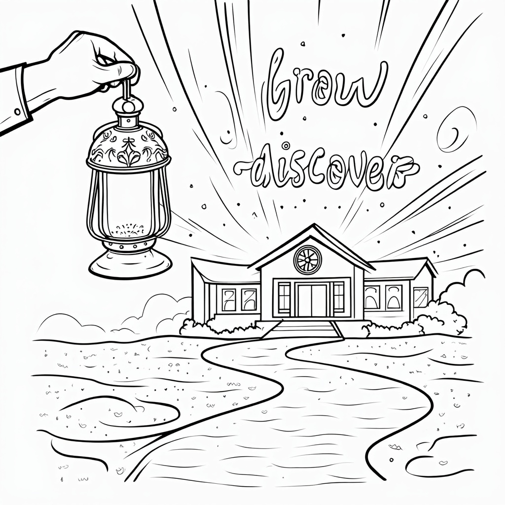 Guiding Lantern Path: An ornate lantern held by a teacher's hand, casting a warm glow on a path leading towards a school or a pile of books. The light rays can be filled with patterns or encouraging words like 'Learn,' 'Grow,' 'Discover' for coloring.