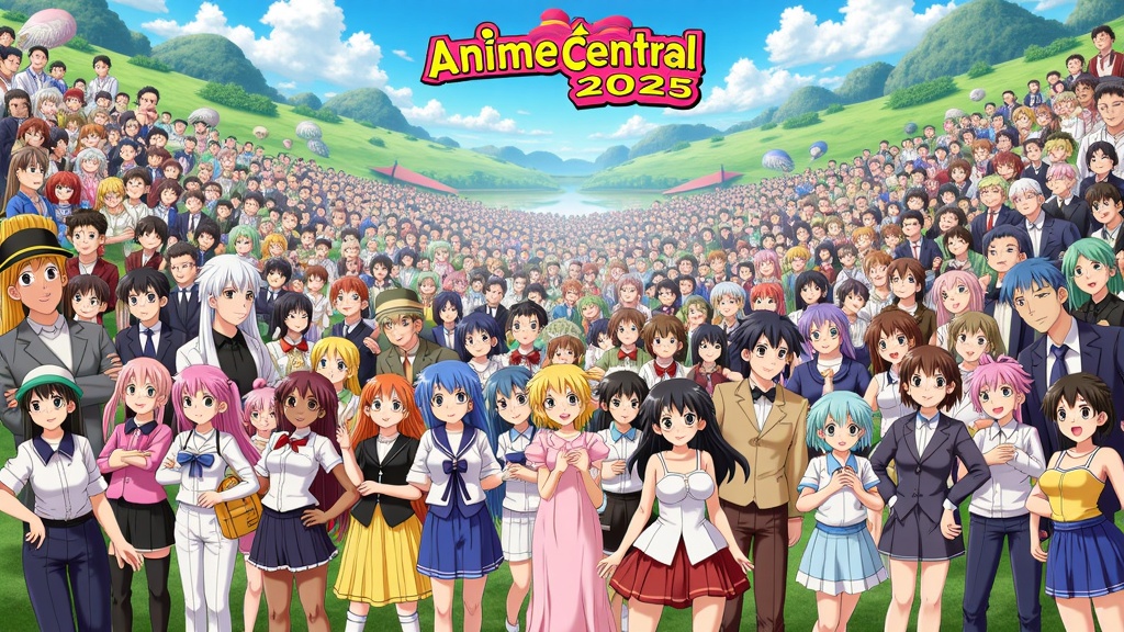 Theme: 'Worlds Collide Art Jam'. A panoramic artwork where different sections, each by a different artist, depict characters from various anime genres (or original characters in unique styles) interacting within a shared, imaginative landscape. 'Anime Central 2025' could be represented as a landmark or event banner within this world, unifying the collaborative piece.