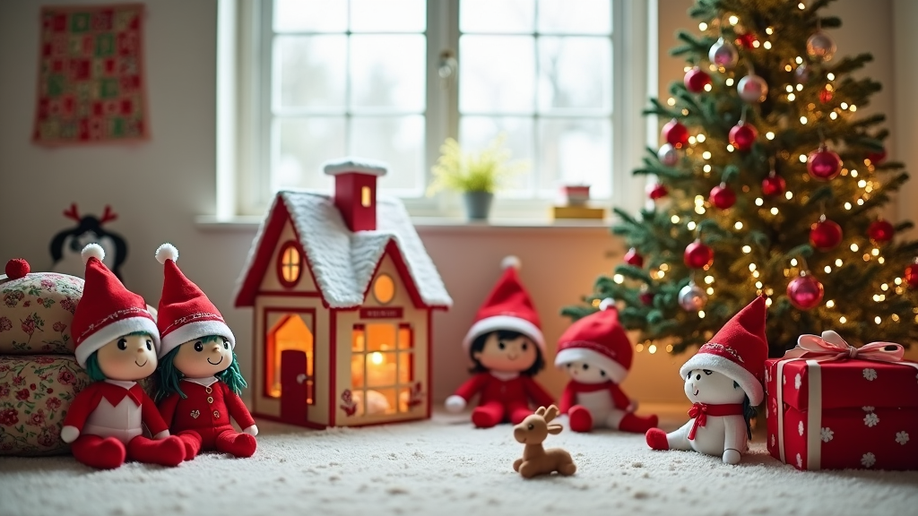 A children's playroom decked out for Christmas with plushies dressed as elves and reindeer, a dollhouse sprinkled with faux snow, and a small tree adorned with kid-friendly ornaments and soft lights.