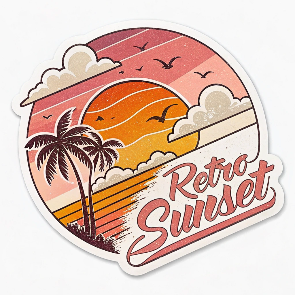 The image is a circular sticker with the words Retro Sunset written in a cursive font. The background of the sticker is a gradient of pink, orange, and yellow, with a large orange sun in the center. The sun is surrounded by white clouds and palm trees. There are also a few birds flying around the sun. The overall style of the design is vintage and retro.