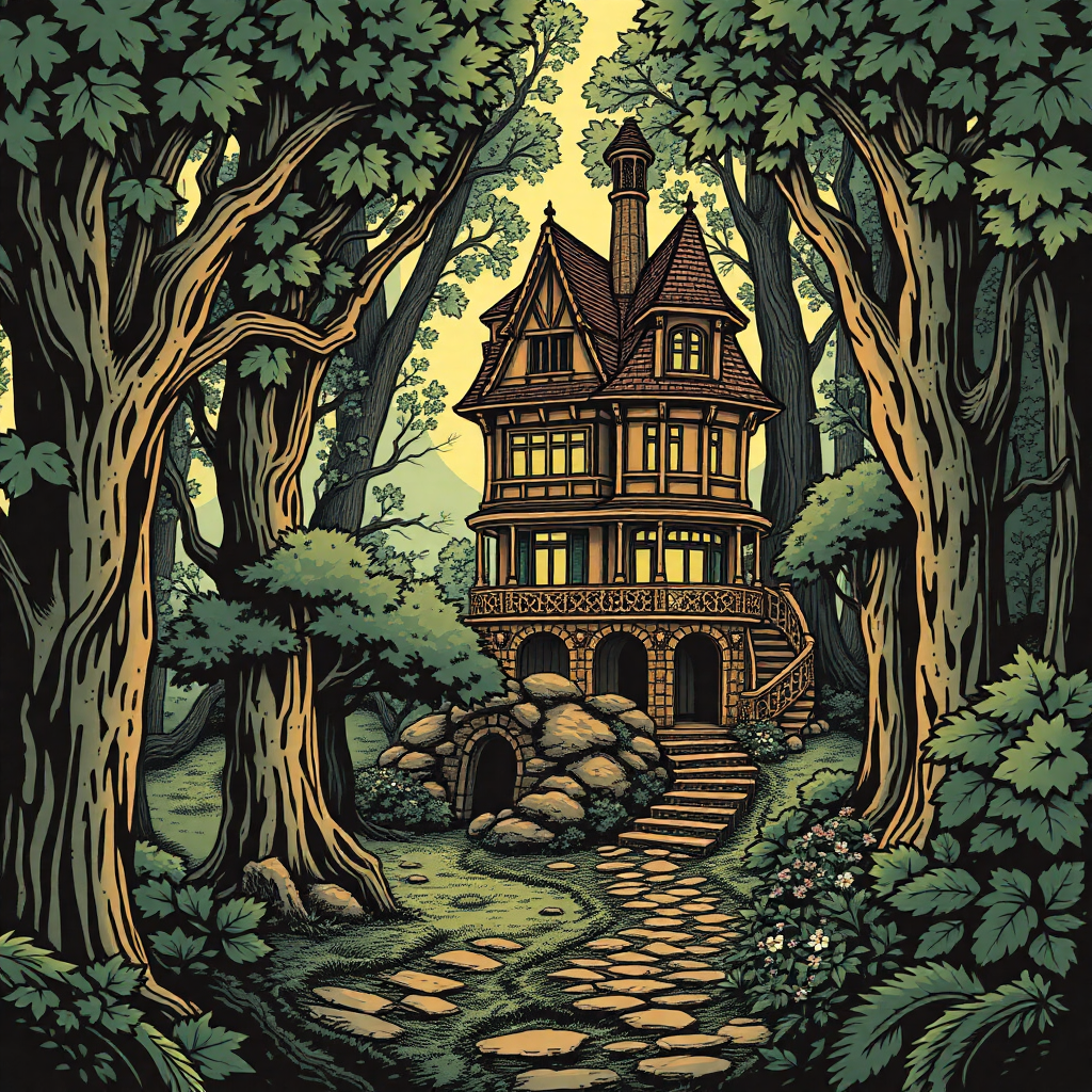 A more detailed, almost storybook-like forest scene with a grand, multi-story house, intricate foliage, and hidden pathways, utilizing a vintage-style crosshatch shading.