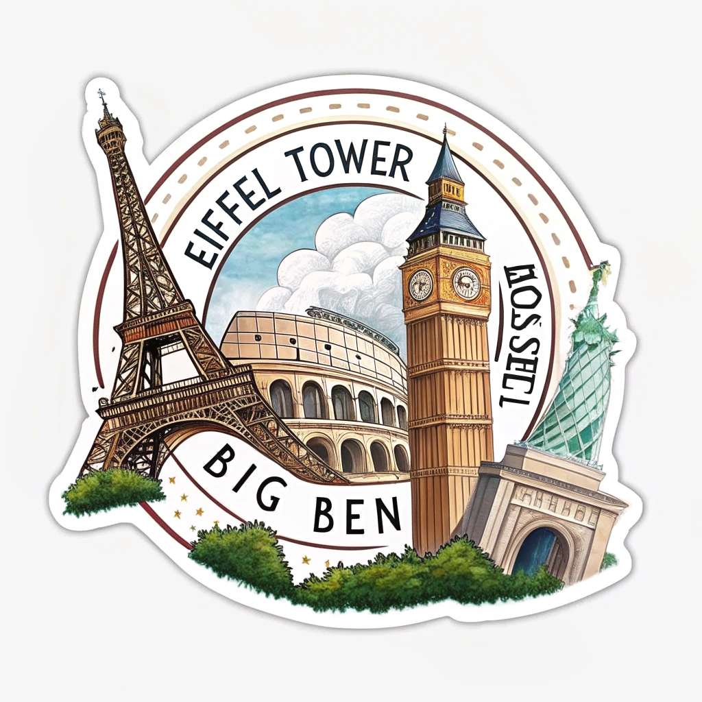 Incorporate famous European landmarks (e.g., Eiffel Tower, Colosseum, Big Ben) into a circular design reminiscent of old travel stamps, with the slogan around the border.