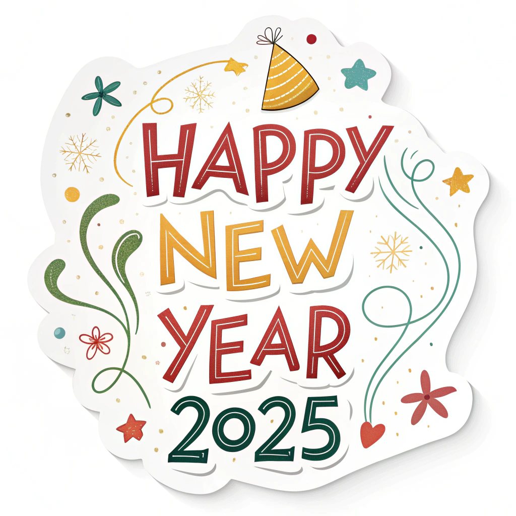 The image shows a poster with the words Happy New Year 2025 written in bold, colorful letters, surrounded by a festive design of flowers, stars, and a party hat. The background is a bright white, making the colors of the poster stand out and creating a cheerful atmosphere.