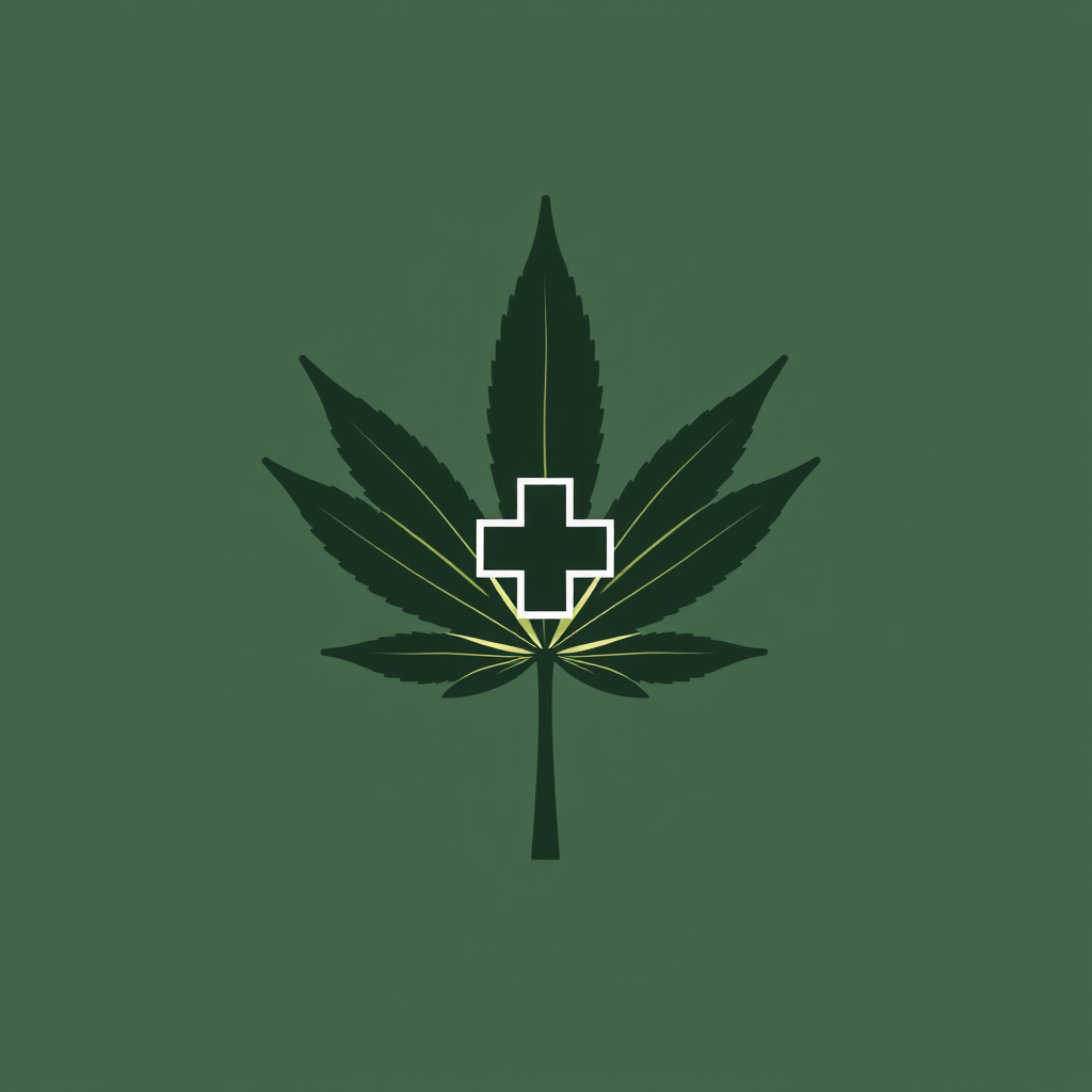 Simple Icon Idea: A single, stylized cannabis leaf silhouette containing a small, crisp medical cross within its boundary or positioned neatly at the base of the leaf stem.