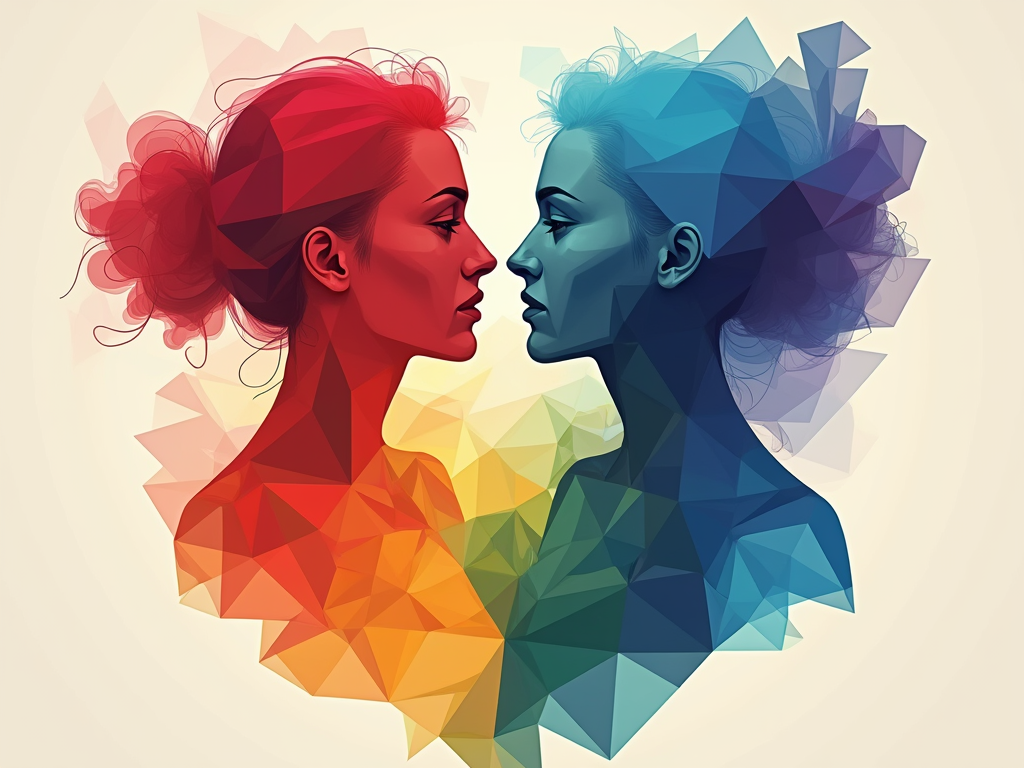 An abstract design using geometric shapes. Rigid, sharp-edged shapes representing old constructs of 'Gender' are shown breaking down. These then transform into softer, interconnected, colorful (perhaps using pride flag colors) flowing shapes forming a harmonious pattern symbolizing 'Love & Acceptance'.