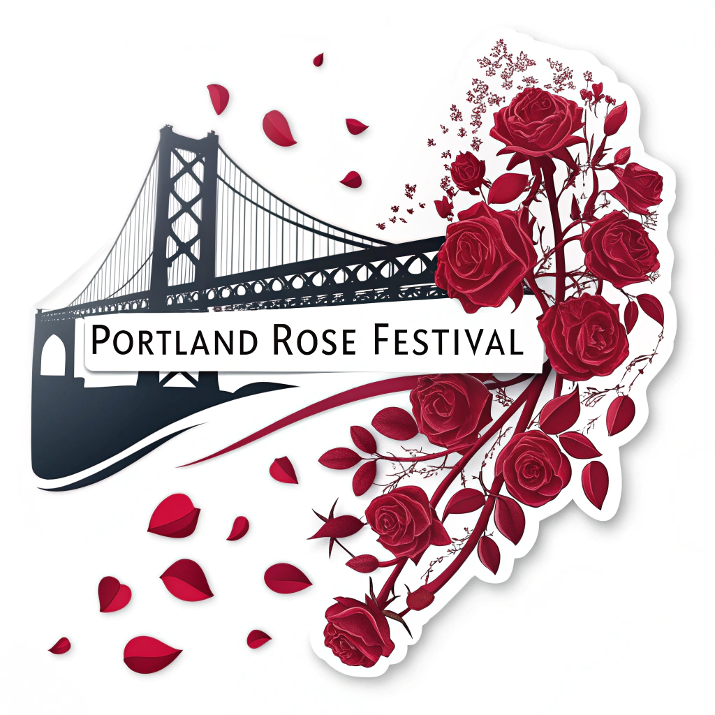 Cascading deep red rose petals over a silhouette of the St. Johns Bridge, with 'Portland Rose Festival' text integrated.