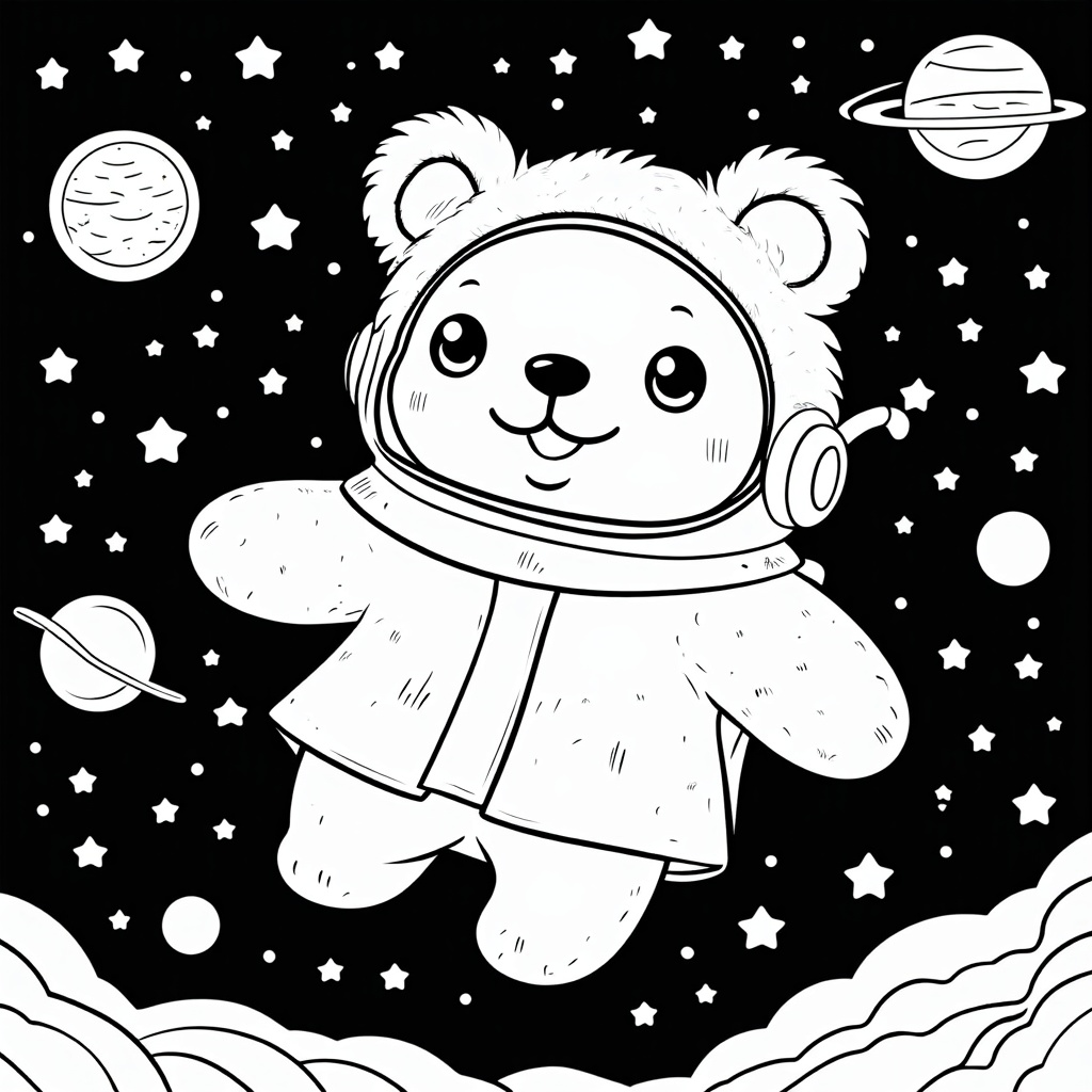 A bear astronaut floating in space, surrounded by stars and planets.