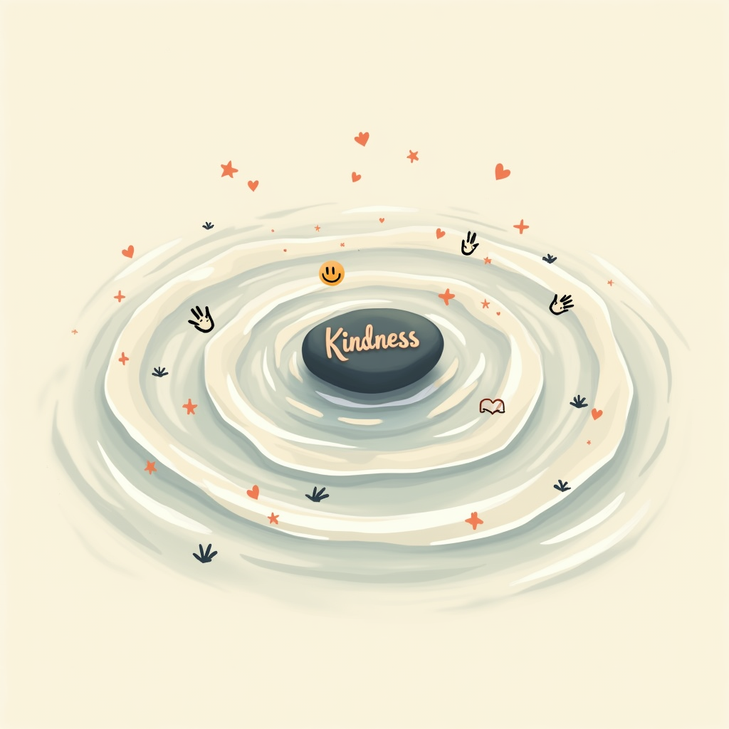 Design 3: Illustrate ripples expanding outward from a central point (perhaps a pebble dropped, marked 'Kindness'), with subtle icons of positive actions within each ripple.