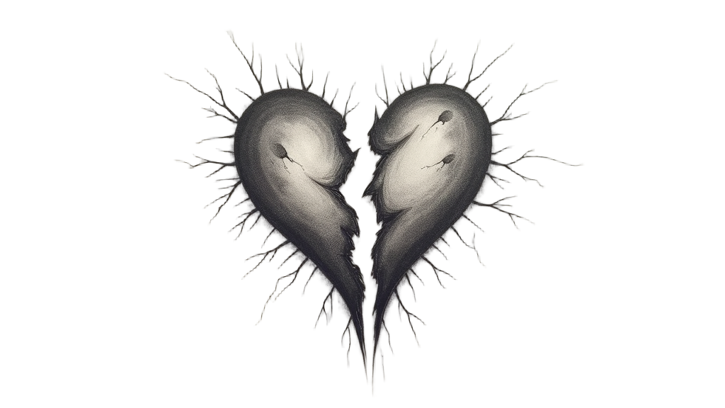 Sub-design idea 2: Fractured Unity Symbol. A single geometric shape (like a circle, heart, or platonic solid) depicted as split into two halves. Despite a clear separation, the halves are connected by subtle lines of light, energy tendrils, or a shared faint aura, symbolizing their persistent, underlying connection.
