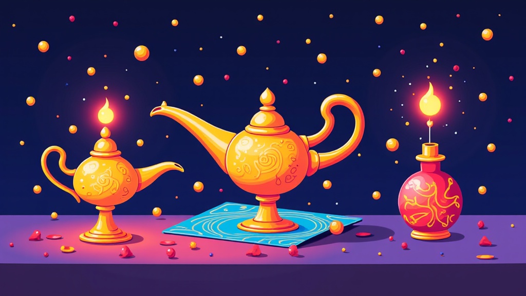 Illustrations of iconic magical artifacts from Arabian Nights, such as Aladdin's Lamp glowing with ethereal light, a detailed Flying Carpet with intricate woven patterns, or a mysterious sealed Djinn bottle, each hinting at its power.