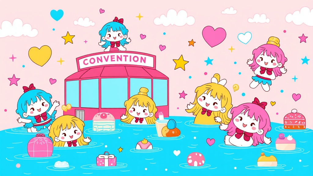 The Great Chibi Flood: An imaginative illustration where chibi characters and kawaii elements (like stars, hearts, sweets) are literally overflowing or flooding a scene, perhaps engulfing the convention center or iconic local landmarks in a cute deluge.