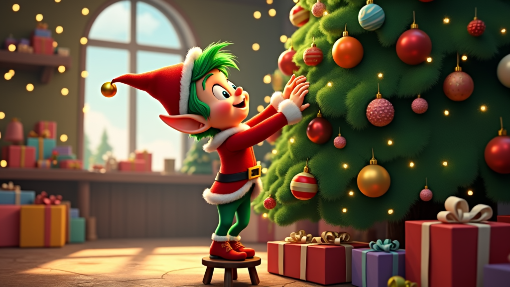  a cartoon elf standing on a stool in front of a Christmas tree. The elf is wearing a red and green outfit with a white hat and a red belt. He has green hair and is holding a gold bell in his right hand. The tree is decorated with colorful ornaments and lights. There are several gift boxes scattered around the tree and a window in the background. The overall mood of the image is festive and cheerful.