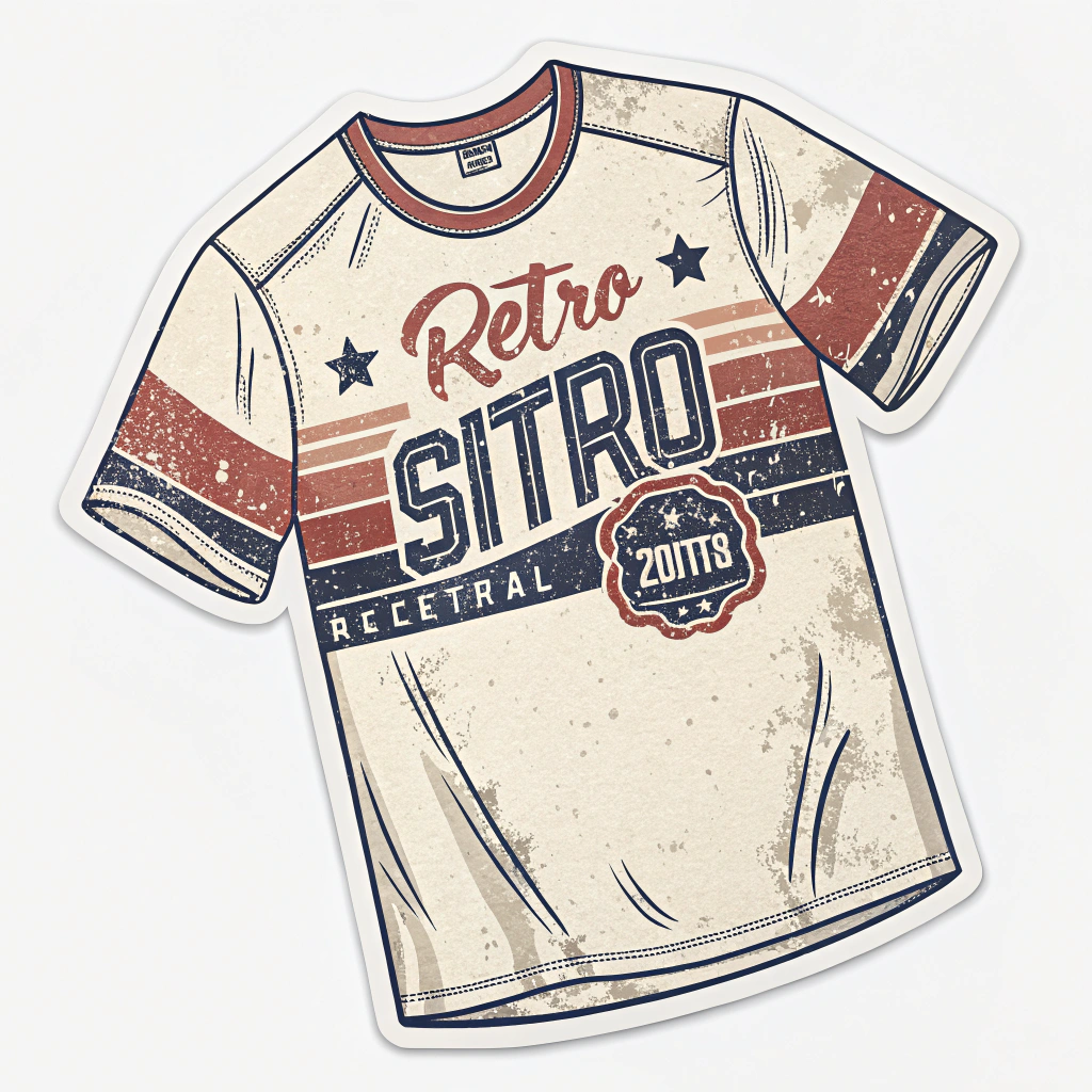 The image is a sticker of a vintage t-shirt design. The design is in a retro style with a beige background and red and blue stripes on the sleeves and collar. The word Retro SITRO is written in bold red letters at the top of the shirt, with the word Recetral written in smaller red letters below it. Below the word, there is a red circle with the words 20th Anniversary written inside it. The overall design has a grungy, vintage feel to it.