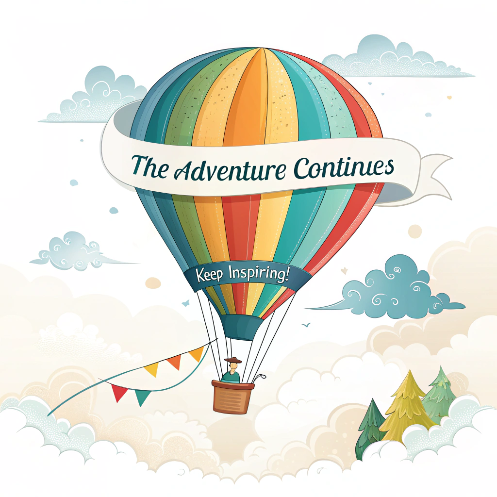 Sub-Design Idea 4 (Inspiring Ascent Balloon): Illustrates a colorful hot air balloon soaring upwards, trailing a small banner that reads 'Keep Inspiring!'. The main text 'The Adventure Continues' is creatively placed around the balloon or within the sky elements (like clouds). The design has a playful, optimistic feel with bright colors, symbolizing upliftment and new heights.