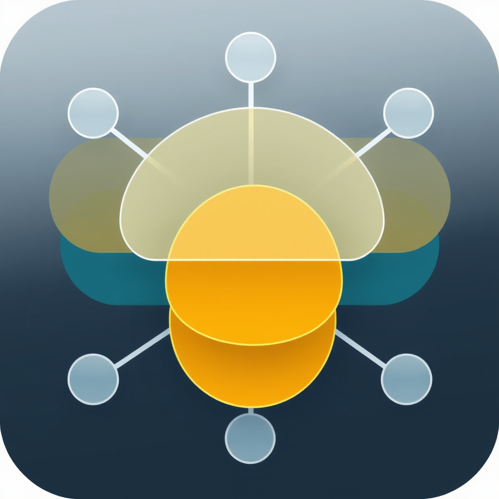Layered, semi-transparent shapes (circles or squares) representing different network layers, connected by subtle lines, giving a sense of depth and complexity.