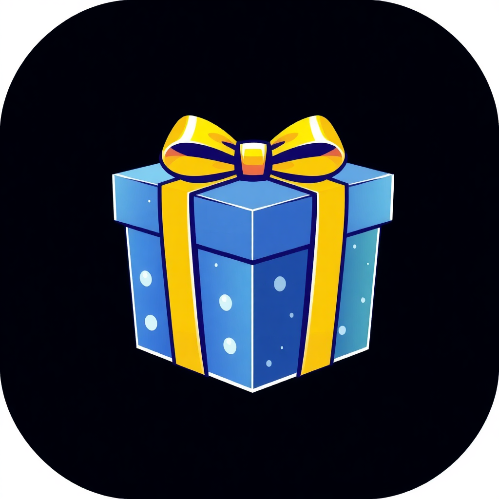 The image is a square icon with a black background. In the center of the icon, there is a blue gift box with a yellow ribbon tied in a bow on top. The box is rectangular in shape and has small white polka dots on it. The ribbon is tied in an alternating yellow and blue color scheme. The bow is tied with a thin yellow ribbon. The overall design is simple and cartoon-like.