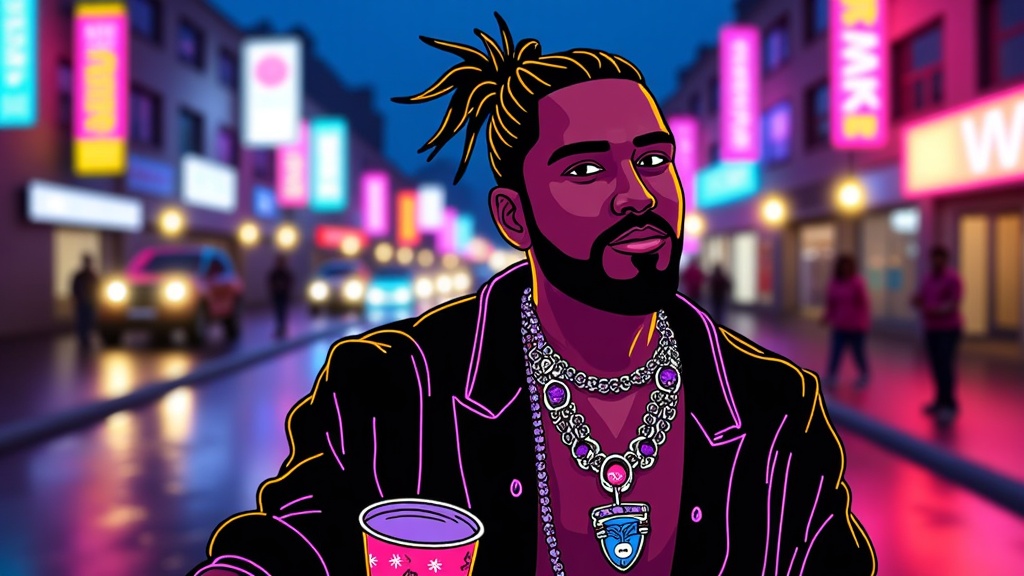A central illustration of Post Malone as a silhouette or stylized portrait, bathed in vibrant neon light (pinks, blues, yellows). Chrome accents highlight his features, jewelry, or clothing. The background features a blurred, dreamlike cityscape with neon signs and reflections on wet streets, evoking a late-night mood. Elements like beer pong cups and Bentley hood ornaments are subtly integrated as glowing neon outlines or sleek chrome details.