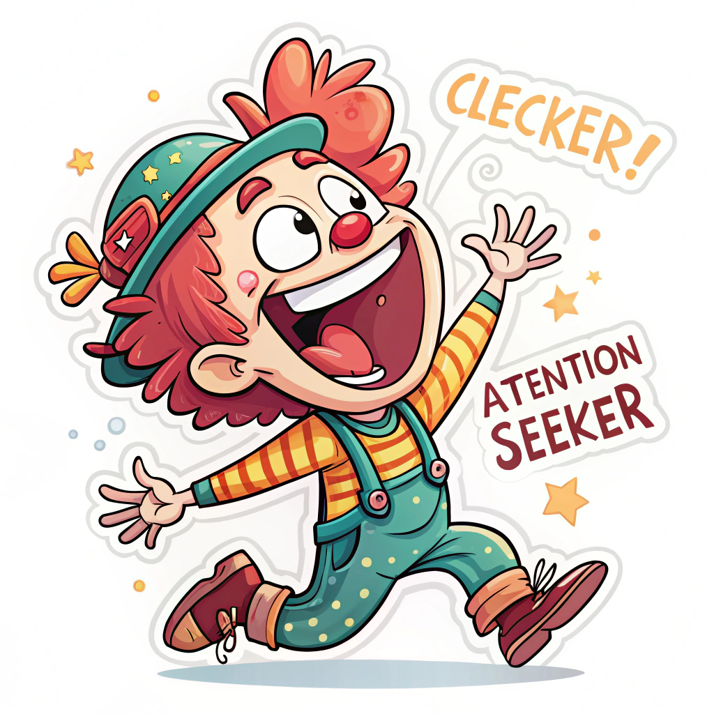 The image shows a cartoon clown with red hair and a green hat with the words 