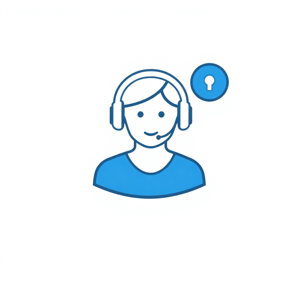 The image is a blue line icon of a person wearing a headset with a keyhole in the center. The person has a round face and is wearing a blue shirt. The icon is simple and minimalistic, with no other details or design elements. It appears to be a representation of a call center or a customer service representative.