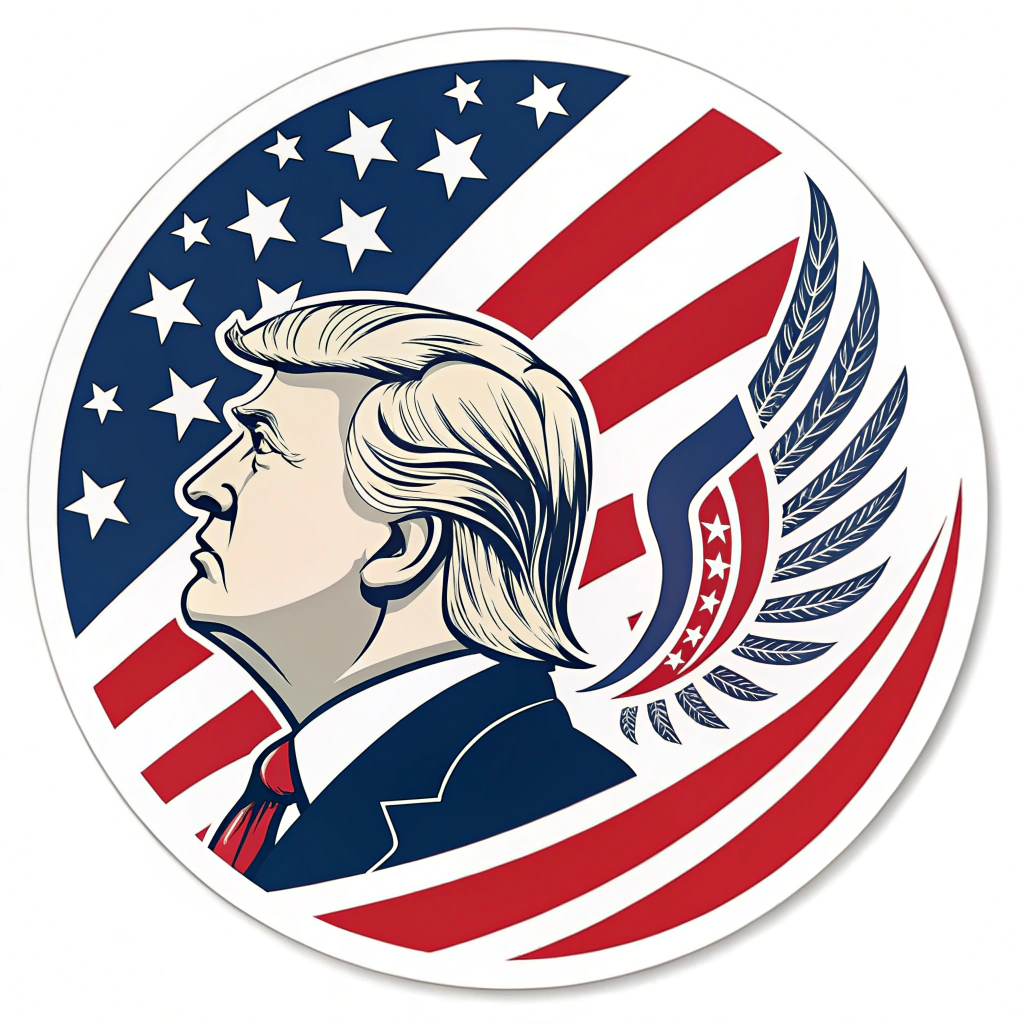 A bold, circular sticker with a stylized profile of Donald Trump, surrounded by stars and stripes, and an abstract eagle wing design.