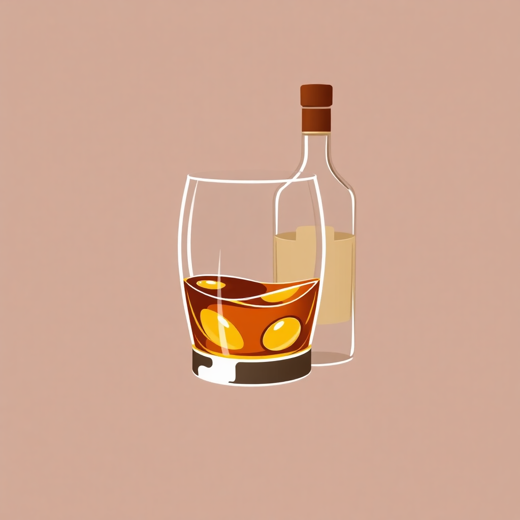 The image is an illustration of a glass of whiskey and a bottle of whiskey. The glass is filled with a golden-brown liquid, which appears to be whiskey, and there are ice cubes floating in it. The bottle is made of glass and has a cork stopper. The background is a light peach color. The overall style of the illustration is flat and minimalistic.