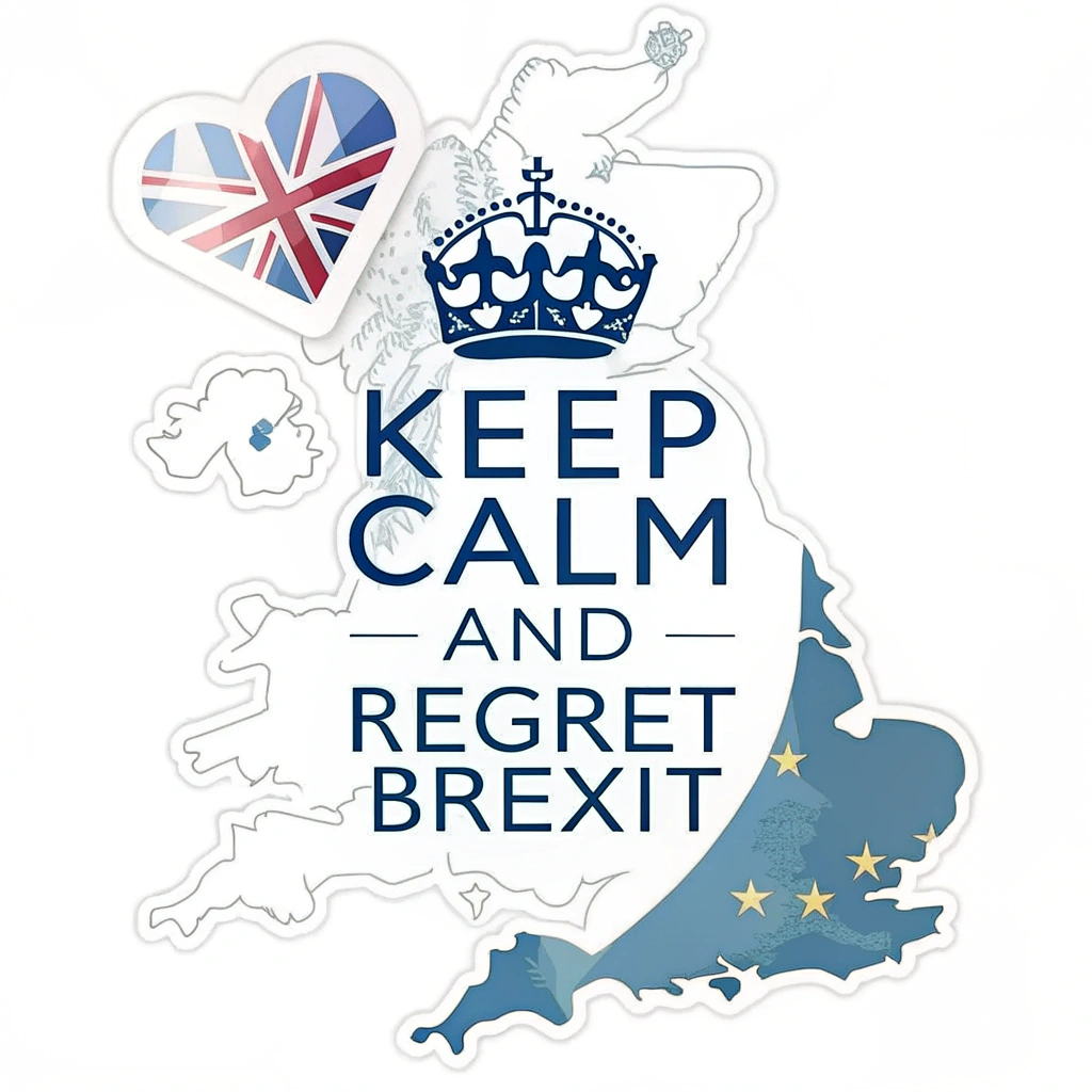 Design a sticker that plays on the 'Keep Calm' theme. Instead of 'Keep Calm and Carry On,' use 'Keep Calm and Regret Brexit.' Use the classic font and layout, but replace the crown symbol with a broken heart or a map of the UK slowly drifting away from Europe.