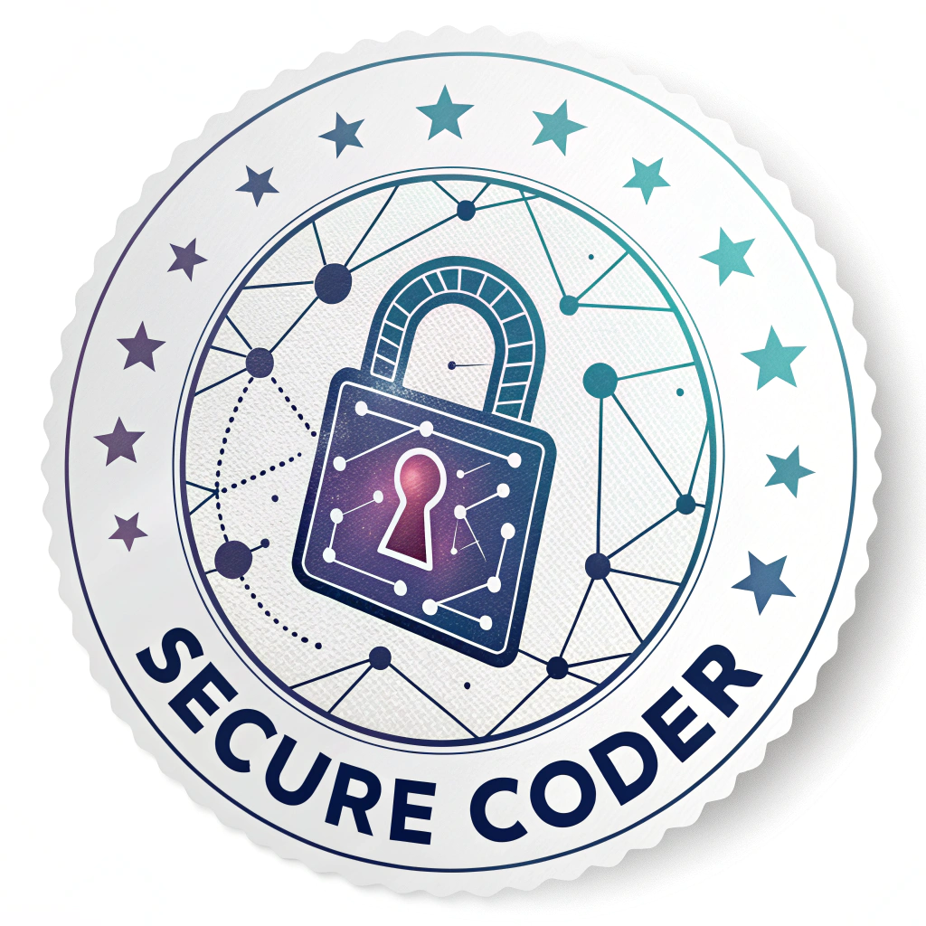 A circular or hexagonal badge sticker with a stylized, abstract digital lock at its center. The lock could be formed from interconnected lines and nodes, glowing subtly like a circuit. The text 'Secure Coder' curves around the perimeter or sits neatly below in a modern font.