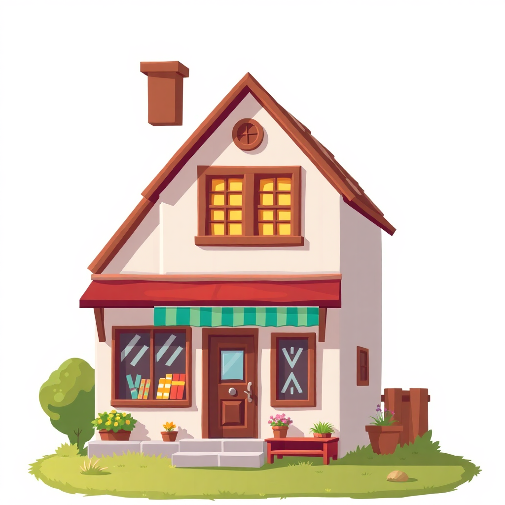 The image is a cartoon illustration of a small house with a red roof and a green awning. The house has a small porch with a bench and potted plants on either side. There is a chimney on the roof and two windows on the front of the house. The front door has a sign that reads X and there is a small window on the left side of the door with a view of a garden. The ground is covered in green grass and there are a few trees and bushes in the background. The overall style of the illustration is flat and cartoon-like.