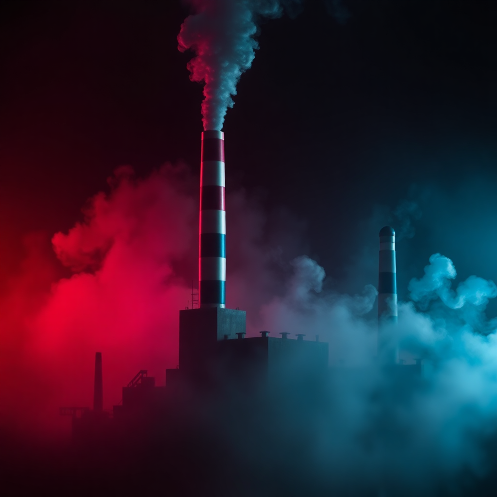  a factory with two tall chimneys emitting smoke into the sky. The chimneys are tall and cylindrical, with a red and white striped pattern on the top. The smoke is billowing out of one of the chimneys, creating a hazy effect. The background is dark, making the smoke stand out even more. The image is taken from a low angle, looking up at the factory. The overall mood of the image is dark and ominous.