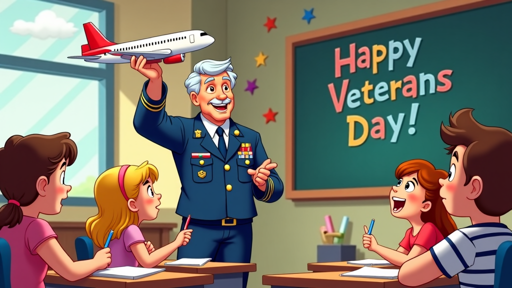 A whimsical illustration showing a classroom filled with colorful decorations like stars and stripes. A kind-looking veteran stands at the front, holding a model airplane while young students attentively watch, some taking notes, others excitedly pointing. A blackboard in the background bears the words 'Happy Veterans Day!'