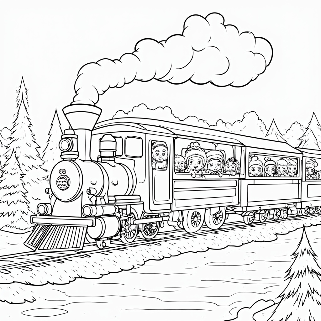 The image shows a sketch of a train with a few people inside, surrounded by trees and a white background. The train is on a railway track, and the image is a free printable coloring page for kids.