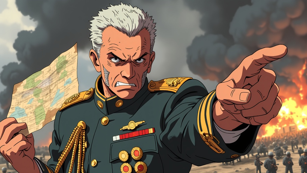 The image is an illustration of a man in a military uniform pointing at something with his right hand. He is holding a map in his left hand and appears to be pointing at it with a serious expression on his face. The man has white hair and is wearing a green military uniform with gold epaulettes and medals on his chest. In the background, there is a large explosion with black smoke and flames. The sky is cloudy and the ground is covered in rubble. The overall mood of the image is tense and ominous.