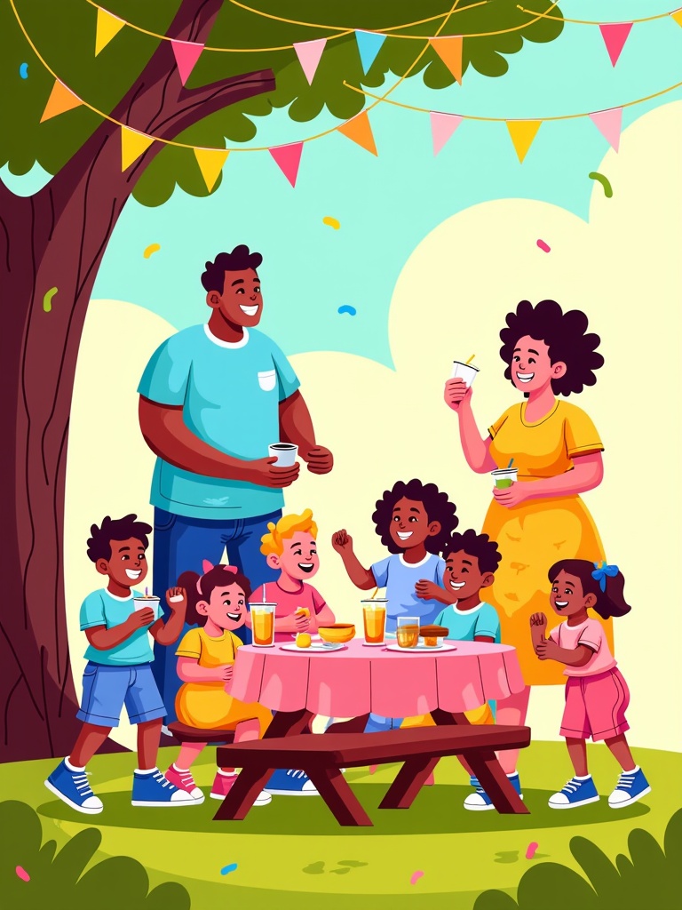  a family of six gathered around a picnic table in a park. The table is covered with a pink tablecloth and there are plates of food and drinks on it. The family consists of a father, mother, and six children. The father is standing on the left side of the table, holding a cup of coffee and smiling at the children. He is wearing a blue t-shirt and jeans. The mother is standing next to him, wearing a yellow dress and holding a glass of orange juice. The children are sitting around the table and are engaged in conversation. The background shows a tree with colorful bunting flags hanging from its branches. The sky is blue and the grass is green. The overall mood of the image is cheerful and happy.