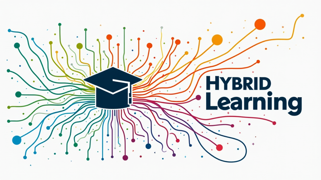 Design 2: 'Flexible Pathways' - Use flowing, interconnected lines representing different learning paths (some solid, some dotted/digital looking) converging towards a central icon of a lightbulb or a graduation cap. The text 'Hybrid Learning' is prominent.